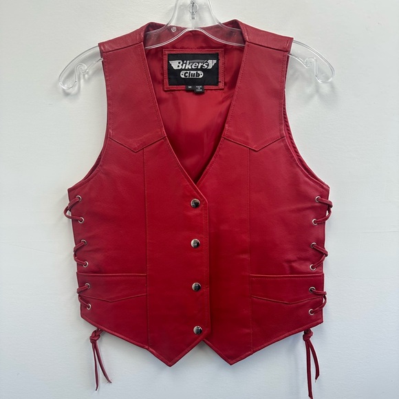 Vintage 90s Red Lace Up Leather Biker Vest Snap Front Size M - Picture 8 of 14